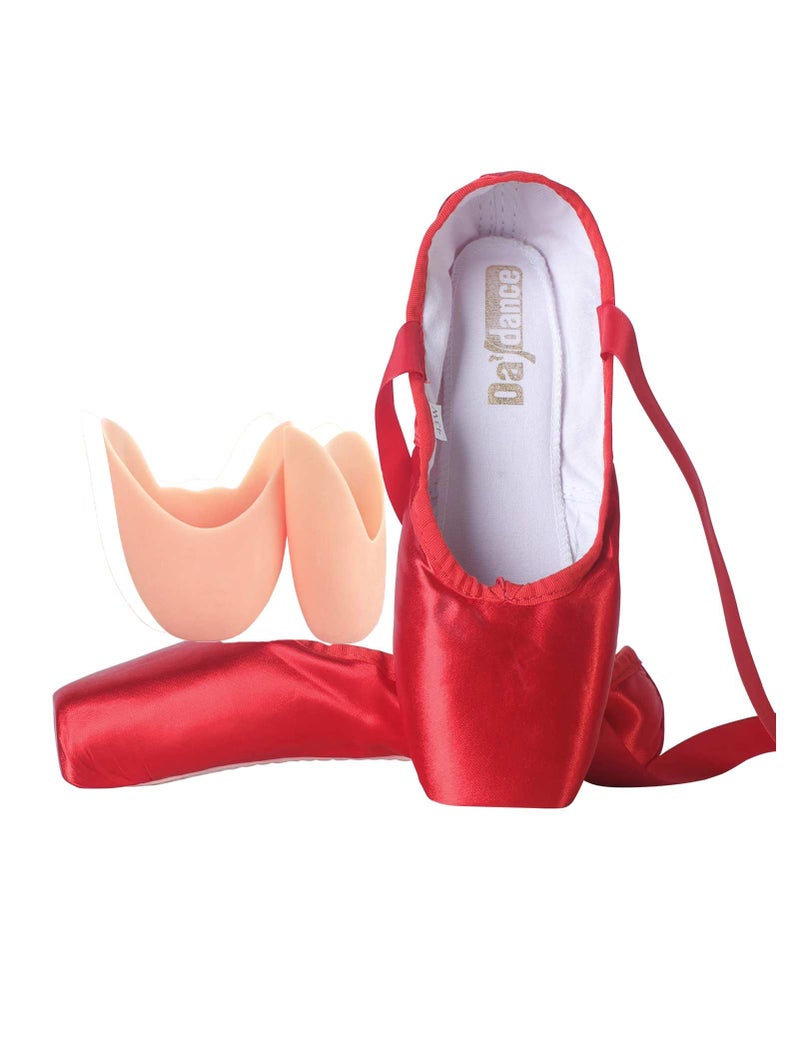Daydance Red Pointe Shoes for Women, Ribbon Ballet Shoes with Toe Pads, 2 Big Kids - Image 1